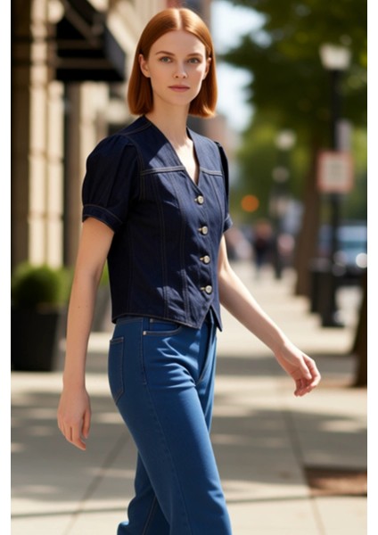 V Yaka Kısa Balon Kollu Denim Bluz Kadın Giyim Kaliteli Şık Rahat Modern Zarif Günlük