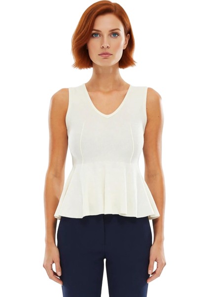 Kadın V Yaka Peplum Kesim Triko Üst Özel Dokuma Kaliteli Şık Rahat Modern Zarif Günlük fiyatları