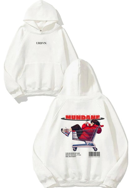 Anime 1 Tasarım Baskılı Oversize Beyaz Kapüşonlu Sweatshirt