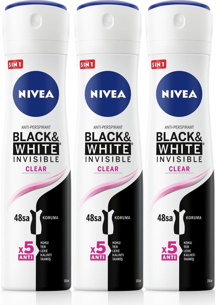 Nıvea Kadın Sprey Deodorant Black&white Invisible Original 150ML, 72 Saat Anti-Perspirant Koruma, X3 Adet