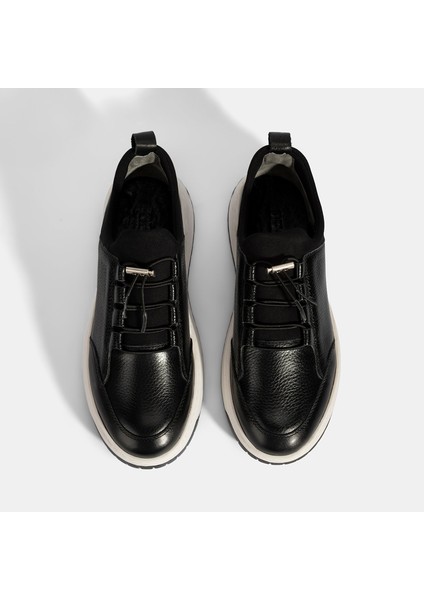 Erkek Siyah Lastik Bağcıklı Deri Sneaker