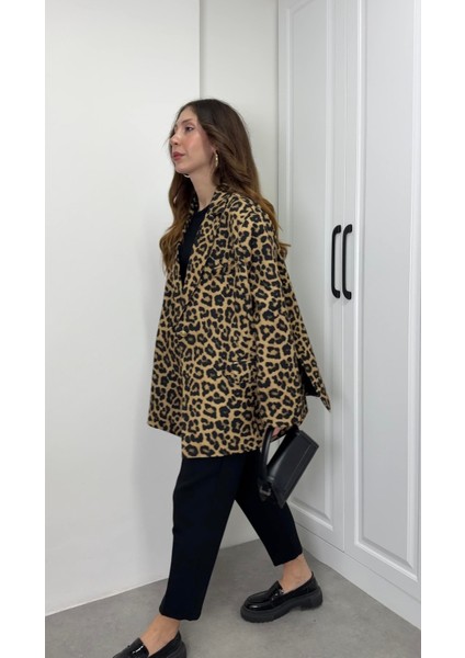 Leopar Astarlı Oversize Blazer Ceket