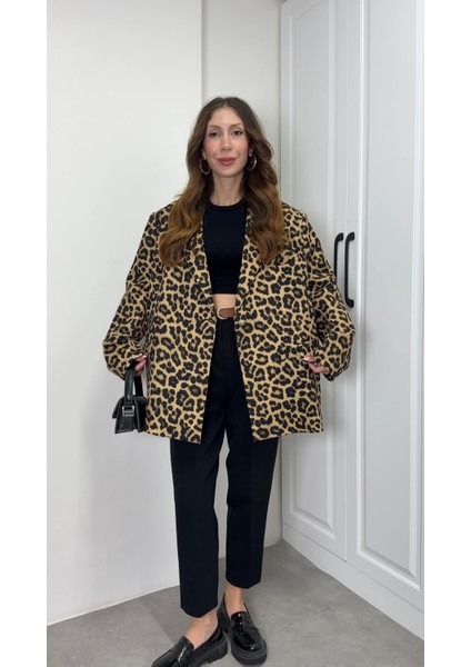 Leopar Astarlı Oversize Blazer Ceket modelleri
