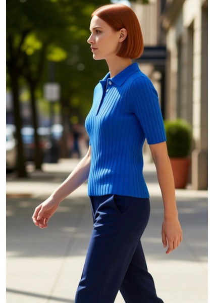 Kadın Akrilik Polo Yaka Kısa Kollu Fitilli Bluz Kaliteli Şık Rahat Modern Zarif Günlük modelleri