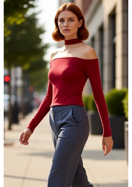 Stil Kadın Carmen Yaka Choker Detaylı Fitted Vücuda Oturan Fitilli Bluz Crop Örme Slim Kalıp modelleri