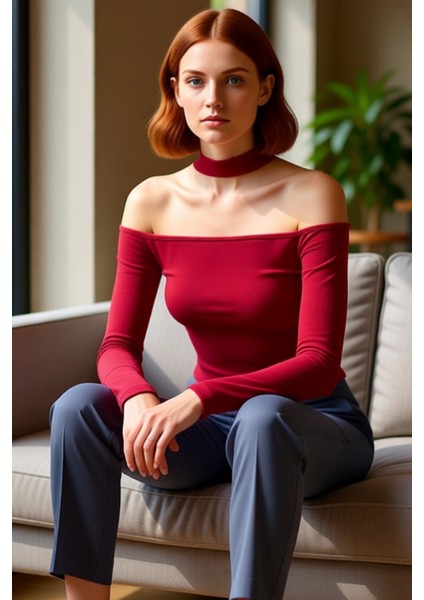 Stil Kadın Carmen Yaka Choker Detaylı Fitted Vücuda Oturan Fitilli Bluz Crop Örme Slim Kalıp fırsatları