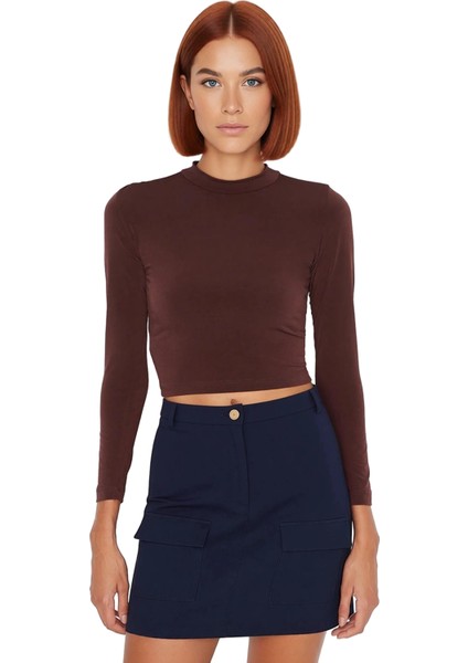 Stil Kadın Fitted Vücuda Oturan Kol Büzgülü Esnek Bluz Crop Örme Slim Kalıp