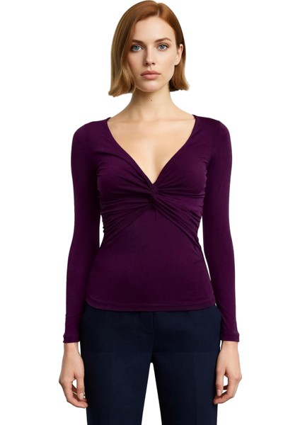 Stil Kadın Büzgü Drape Detaylı Fitted Vücuda Oturan Kollu Esnek Bluz Crop Örme Slim Kalıp