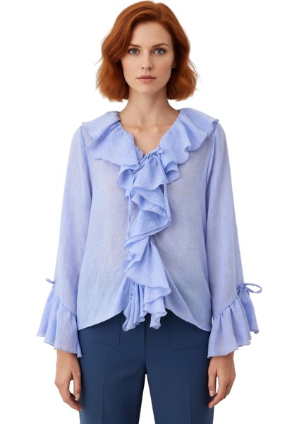 Kadın Vual Kumaşlı Uzun Kollu Bağcıklı Bluz Kaliteli Şık Rahat Modern Zarif Günlük