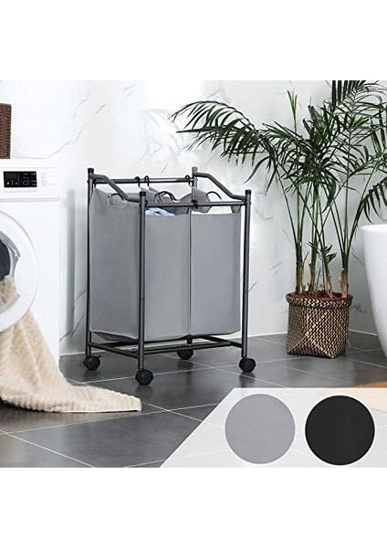 Çamaşır Ayırıcı, Tekerlekli ve 2 Bölmeli, Çamaşır Sepeti, Çantalı Çamaşır Arabası, Toplam Kapasite 90 L, Gri, LSF002GS modelleri
