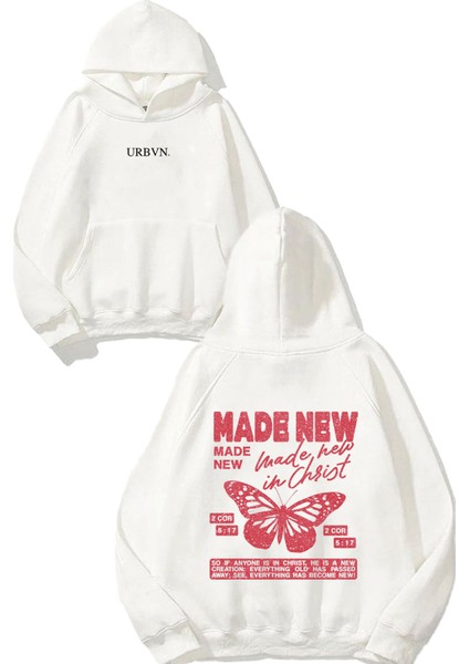Made New Tasarım Baskılı Oversize Beyaz Kapüşonlu Sweatshirt