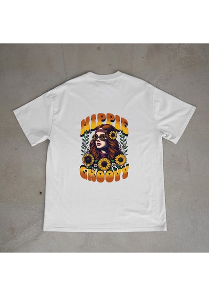 Hippie Tasarım Baskılı Beyaz Oversize T-Shirt