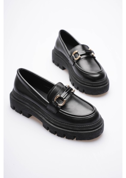 Kadın Deri Loafer Oxford Kalın Comfort Tabanlı Toka Detaylı Siyah Auren