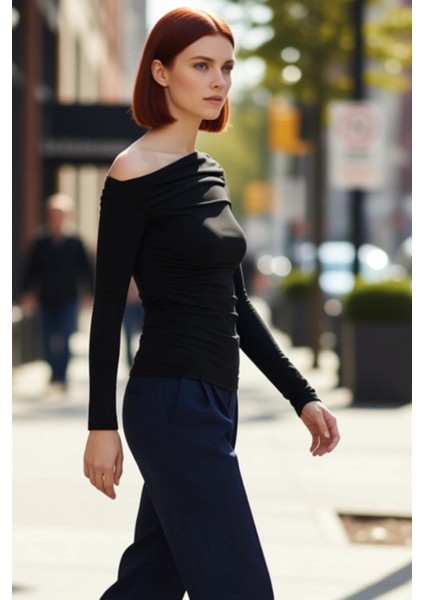 Stil Kadın Büzgü Drape Detaylı Fitted Vücuda Oturan Kollu Esnek Bluz Regular Örme Slim Kalıp modelleri