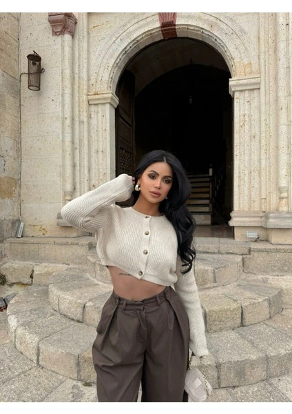 Kadın Önü Düğmeli Örme Crop Triko Kazak fiyatları