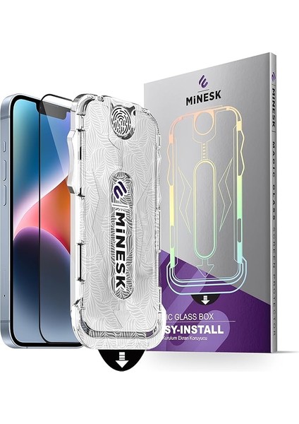 Magıc Glass iPhone 16E - 13-13 Pro - 14 Için Otomatik Hizalama Aparatlı Ekran Koruyucu (Güçlendirilmiş Temperli Cam) Takılırken Toz Toplama Özellikli (16E - 13-13 Pro - 14)