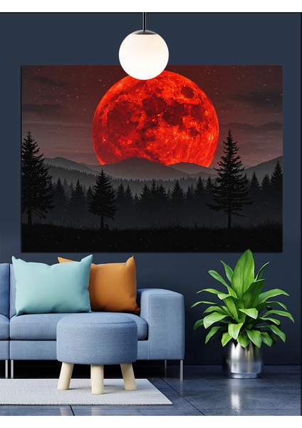 Kan Kırmızı Dolunay Manzarası Dekoratif Kanvas - Mdf Ahşap Tablo