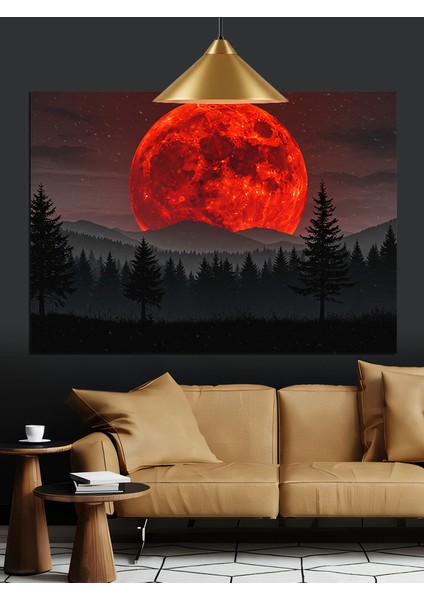 Kan Kırmızı Dolunay Manzarası Dekoratif Kanvas - Mdf Ahşap Tablo fiyatları