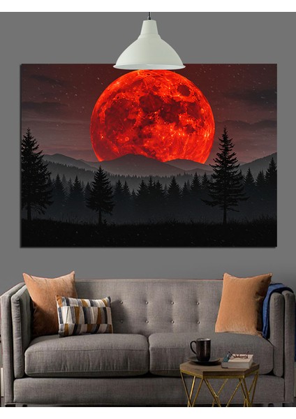 Kan Kırmızı Dolunay Manzarası Dekoratif Kanvas - Mdf Ahşap Tablo fırsatları