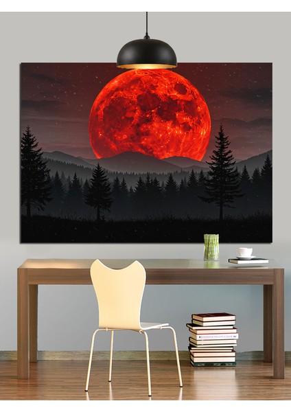 Kan Kırmızı Dolunay Manzarası Dekoratif Kanvas - Mdf Ahşap Tablo indirimleri