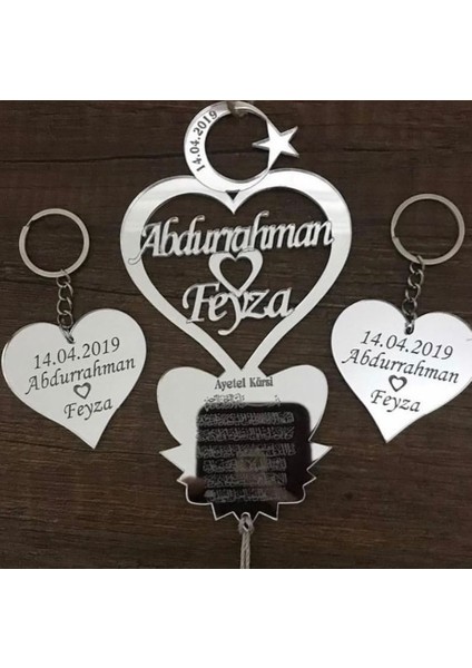 Kişiye Özel Ayyılzdız 2 Anahtarlıklı / Ayet-El Kürsi Yazılı Dikiz Aynası Süsü