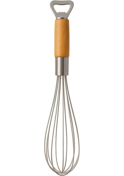 Ahşap Saplı Paslanmaz Çelik Çırpıcı – 2’si 1 Arada Mutfak Aleti, Yumurta Çırpıcı ve Şişe Açacak, 35 cm Ergonomik Tasarım, Dayanıklı Tel Karıştırıcı