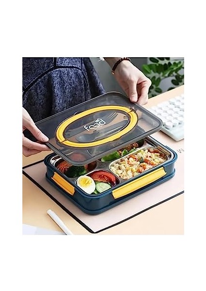 Bento 1000ML Lunchbox Tek Kat 4 Bölme Çelik Sefer Tası Yemek Kutusu (Lacivert-Sarı) modelleri