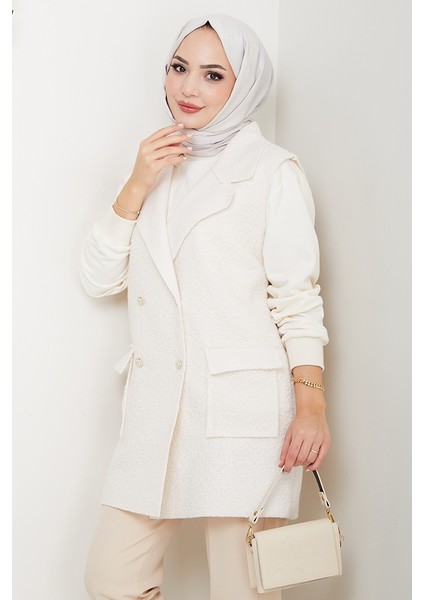 Kapak Cepli Düğmeli Yelek 1649 - Beyaz