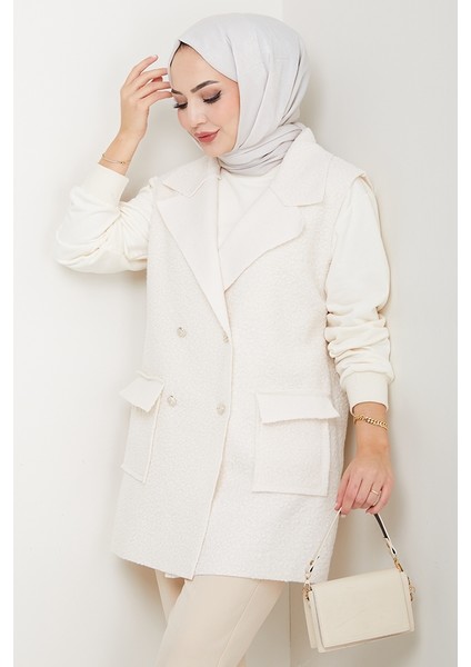 Kapak Cepli Düğmeli Yelek 1649 - Beyaz modelleri