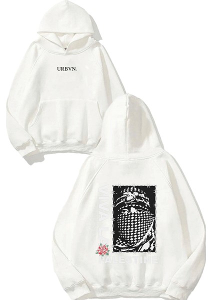 Viva La Tasarım Baskılı Oversize Beyaz Kapüşonlu Sweatshirt