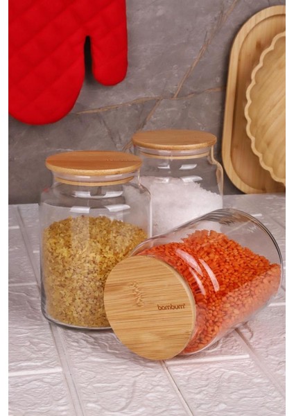Zone - 3'lü Cam Saklama Kabı 800ML Vakumlu Bambu Kapaklı