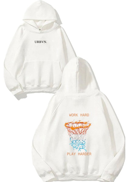 Play Harder Tasarım Baskılı Oversize Beyaz Kapüşonlu Sweatshirt