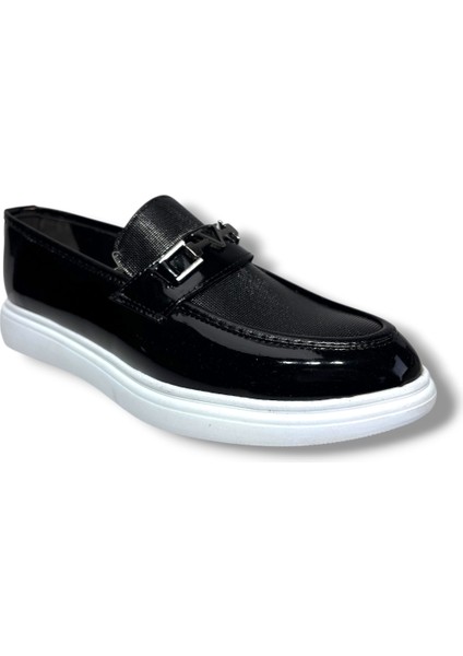 5135-26 Rugan Baskı Deri Fiyonklu Tokalı Erkek Ayakkabı Siyah Beyaz