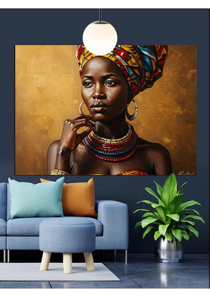 Koyu Tenli Şık Afrikalı Kadın Dekoratif Kanvas - Mdf Ahşap Tablo