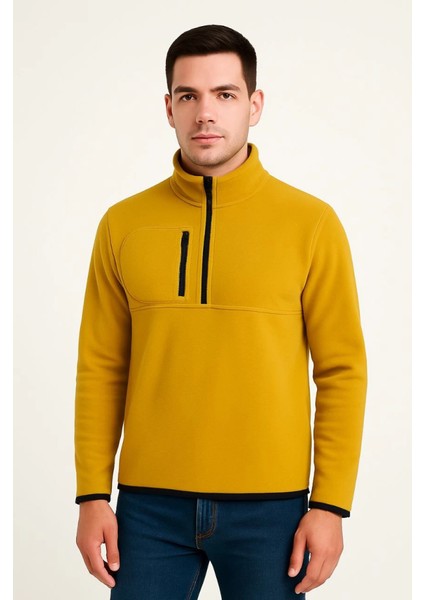 Erkek Polar Kazak – Dik Yaka, Yarım Fermuarlı, Fermuarlı Göğüs Cepli, Siyah Biyeli, Kışlık Rahat Regular Fit Günlük Model - Sarı modelleri