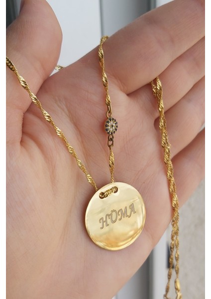 925 Ayar Gümüş 24 Ayar Altın Kaplama Nazar Boncuklu Isimli Plaka Kolye