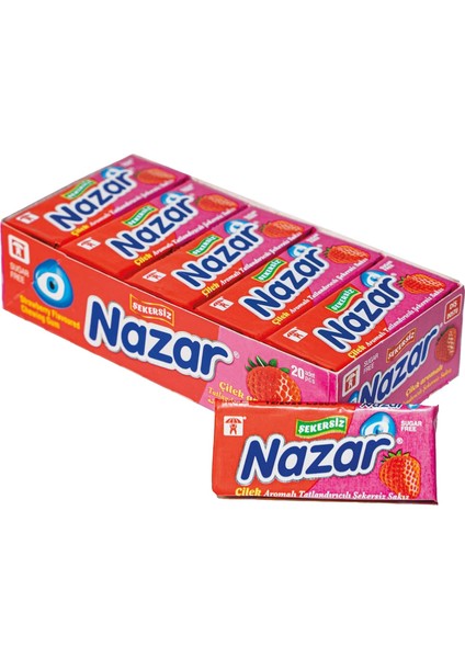 Nazar Şekersiz Sakız 5&apos;li Kutu Çilek 20 Paket