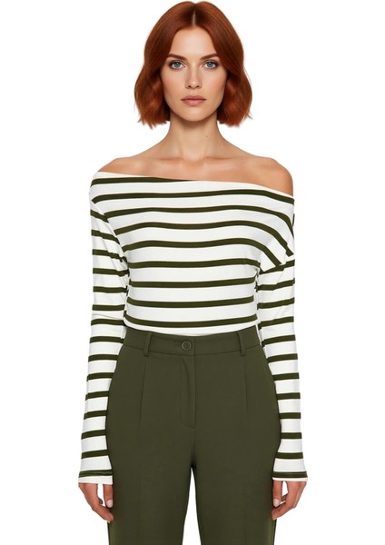 Moda Kayık Yaka Örme Slim Çizgili Desen Casual Günlük Regular Uzun Kol Bluz