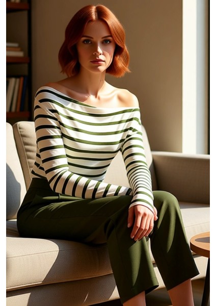 Moda Kayık Yaka Örme Slim Çizgili Desen Casual Günlük Regular Uzun Kol Bluz fırsatları