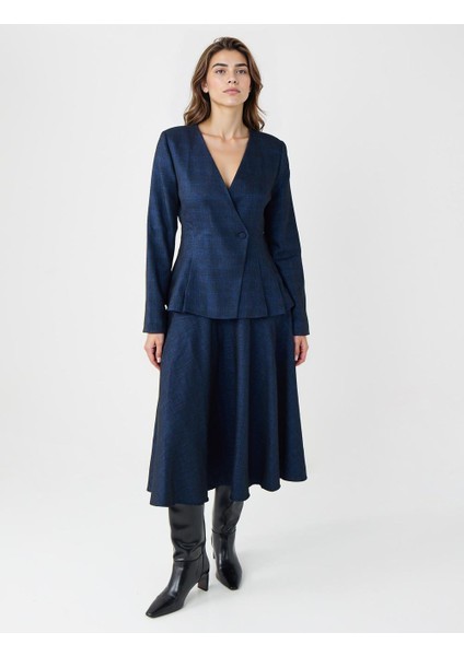 Lacivert Rahat Kesim Yüksek Bel Midi Dokuma Etek