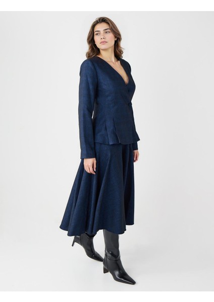 Lacivert Rahat Kesim Yüksek Bel Midi Dokuma Etek fiyatları