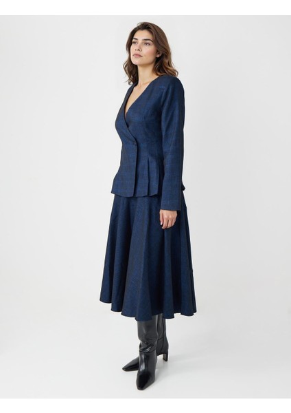 Lacivert Rahat Kesim Yüksek Bel Midi Dokuma Etek modelleri