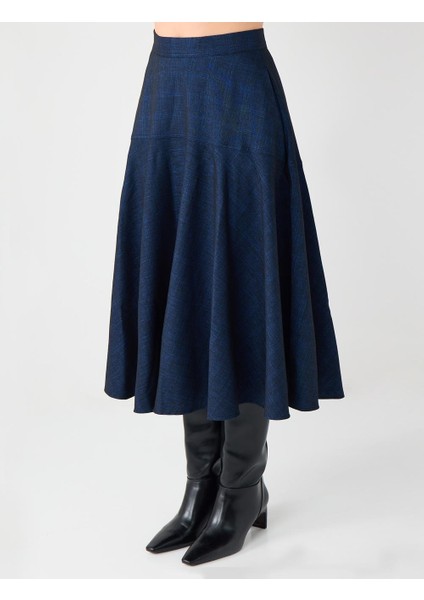 Lacivert Rahat Kesim Yüksek Bel Midi Dokuma Etek fırsatları