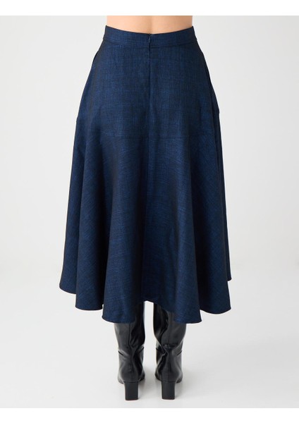 Lacivert Rahat Kesim Yüksek Bel Midi Dokuma Etek indirimleri