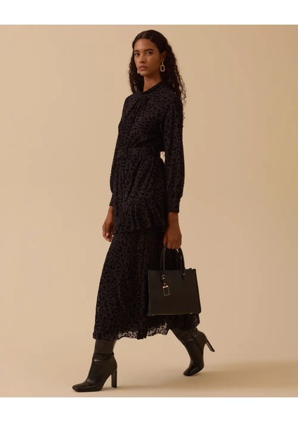 10002521311009 Beli Lastikli ve Kemerli Etek Ucu Fırfırlı Tüllü Şık Elbise