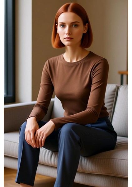 Kadın Moda Şık Üst Giyim Crop Bisiklet Yaka Slim Kalıp Örme Viskon Esnek Bluz