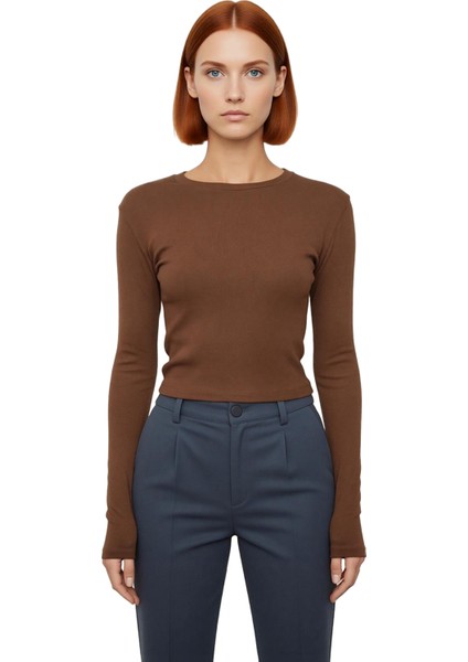 Kadın Moda Şık Üst Giyim Crop Bisiklet Yaka Slim Kalıp Örme Viskon Esnek Bluz fiyatları