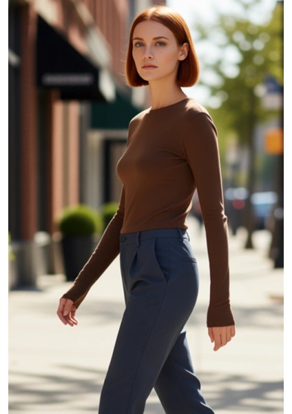 Kadın Moda Şık Üst Giyim Crop Bisiklet Yaka Slim Kalıp Örme Viskon Esnek Bluz fırsatları