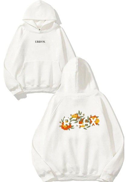 Relax Tasarım Baskılı Oversize Beyaz Kapüşonlu Sweatshirt