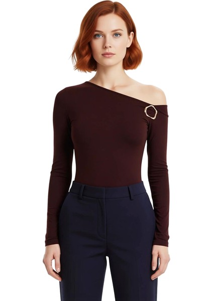 Kadınlar Için Fitted Uzun Kollu Aksesuar Detaylı Asimetrik Yaka Bluz Kaliteli Şık Rahat Modern fiyatları